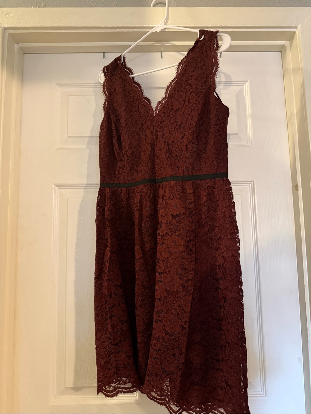LOFT Burgundy Lace V-Neck Fit-and-Flare Dress